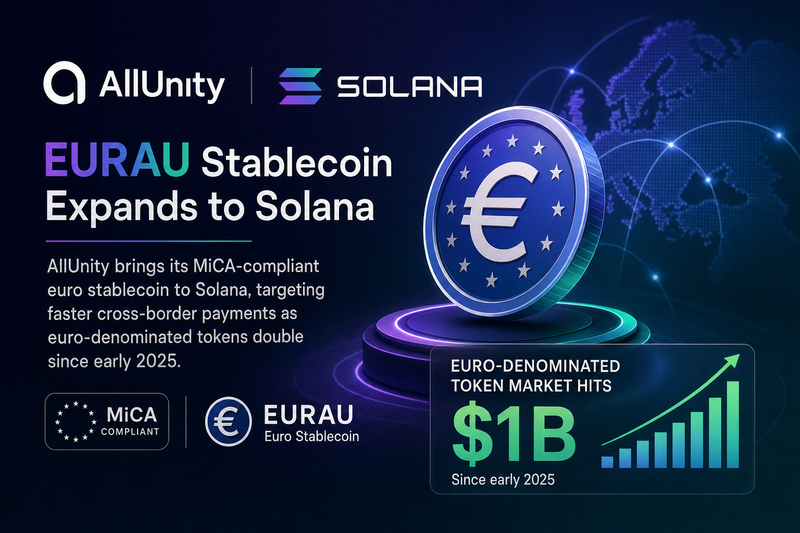 Euro stablecoin EURAU expanding to Solana blockchain with European Union and crypto imagery