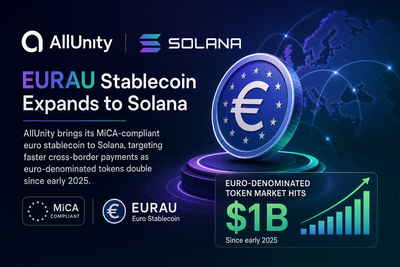 Euro stablecoin EURAU expanding to Solana blockchain with European Union and crypto imagery