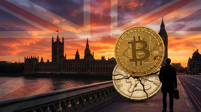 Former UK Chancellor speaking about Bitcoin adoption with UK Parliament building in background