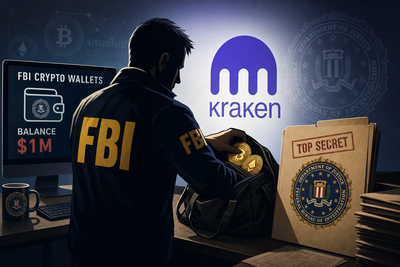 FBI badge with cryptocurrency symbols and digital wallet visualization showing unauthorized transfers