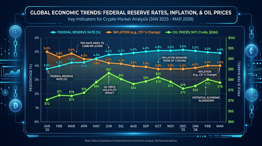 Chart showing Federal Reserve rates, inflation, and oil prices from January 2025 to March 2026