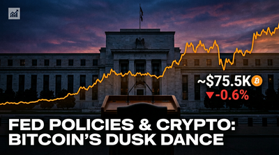 Abstract visualization of Federal Reserve building with Bitcoin price chart overlay showing downward movement