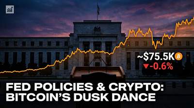 Abstract visualization of Federal Reserve building with Bitcoin price chart overlay showing downward movement