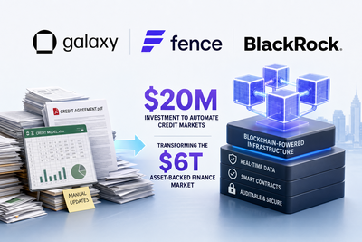 Galaxy Digital logo with blockchain infrastructure connecting to credit market icons representing $20M Fence investment
