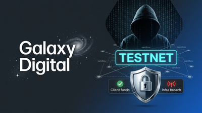 Galaxy Digital logo with security shield and testnet network diagram