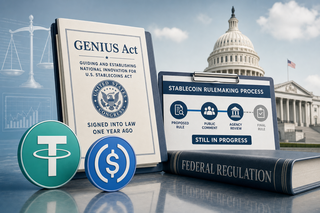 US Capitol building with stablecoin imagery representing the GENIUS Act anniversary and ongoing regulation