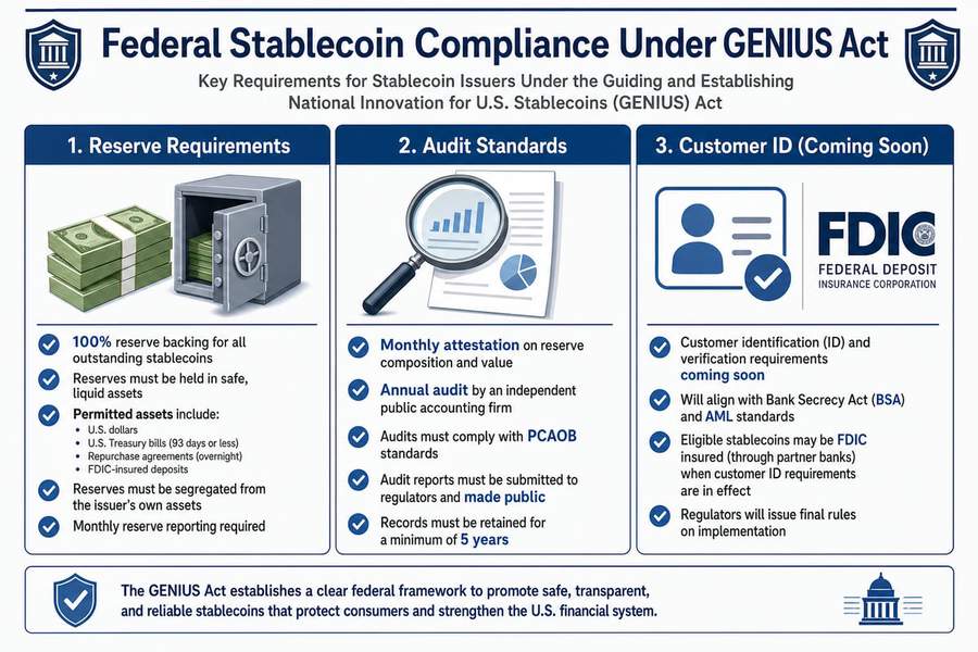 Infographic showing three pillars of GENIUS Act stablecoin compliance: reserve requirements, audit standards, and upcoming customer identification rules from FDIC