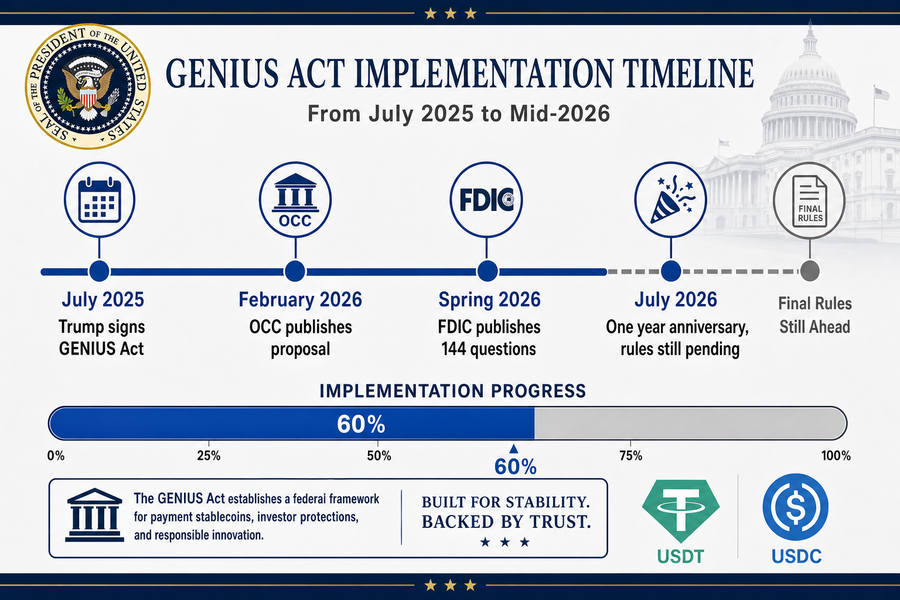 Timeline showing GENIUS Act implementation progress from signing in July 2025 through ongoing rulemaking in 2026
