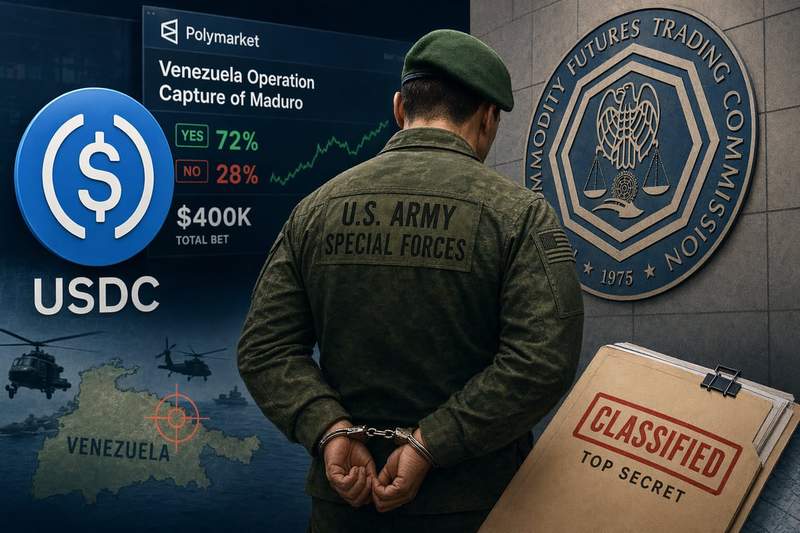 US Army soldier silhouette with Polymarket logo and betting odds overlay representing insider trading allegations