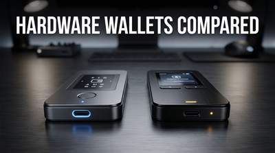 Three hardware wallets (Ledger Nano, Trezor, and Coldcard) side by side on a desk