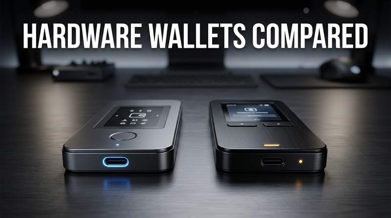 Three hardware wallets (Ledger Nano, Trezor, and Coldcard) side by side on a desk