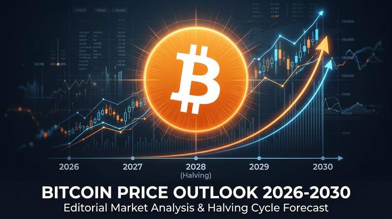 A long-term Bitcoin price chart on a trading monitor next to a notebook sketching the four-year halving cycle