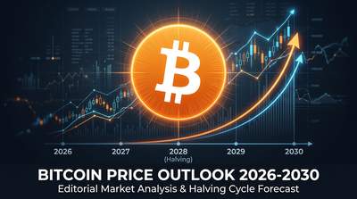 A long-term Bitcoin price chart on a trading monitor next to a notebook sketching the four-year halving cycle