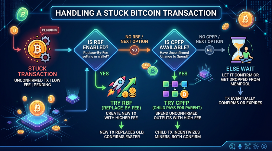 Unstick path: RBF when enabled, otherwise CPFP, or wait for lower fees — see wallet section below.