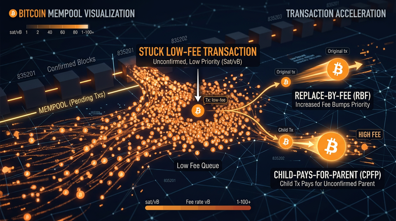 Bitcoin transaction waiting in mempool concept with confused user editorial
