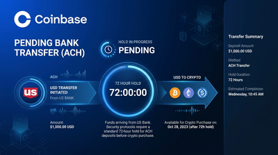 Coinbase logo with pending transaction status clock editorial concept