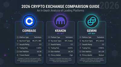 Side-by-side comparison of Coinbase, Kraken, and Gemini exchange dashboards on a desk