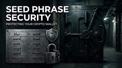 A metal seed plate with stamped 12-word seed phrase next to a notebook and hardware wallet