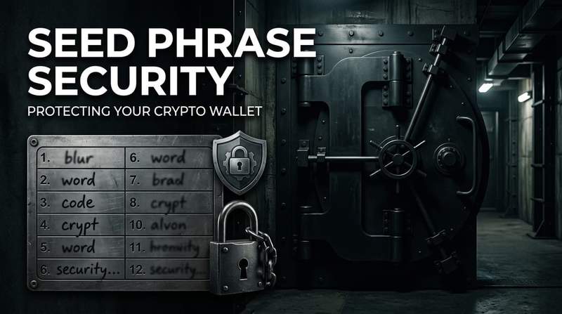 A metal seed plate with stamped 12-word seed phrase next to a notebook and hardware wallet