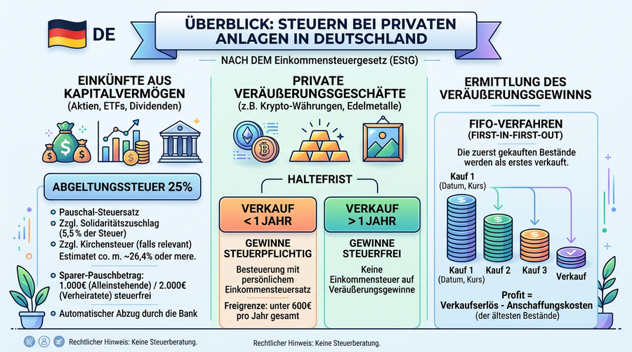 Germany: key concepts around §23 EStG, the one-year clock, and short-term tax rates.
