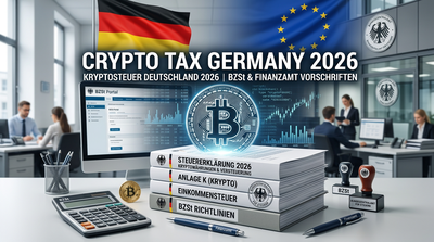German flag with Bitcoin logo and Finanzamt tax documents editorial composition