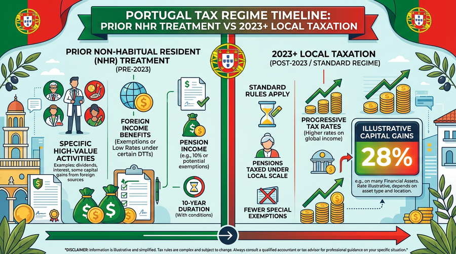 Portugal: 2023 reform — short-term 28% vs long-term exemption; NHR context.