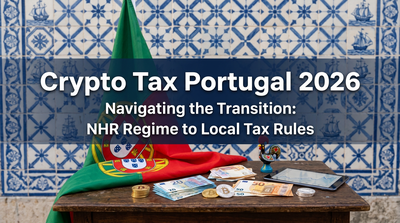 Portuguese flag with Bitcoin logo and Lisbon skyline editorial composition