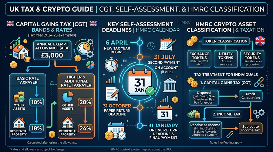 HMRC: CGT bands, annual exemption, and Section 104 pooling (illustrative).