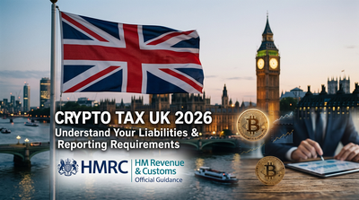 UK flag with Bitcoin logo and HMRC tax documents editorial composition
