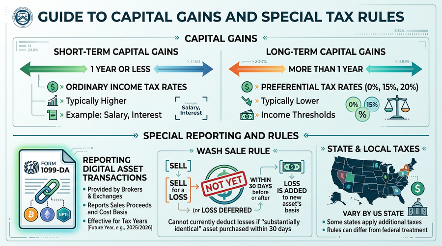 Property treatment, Form 1099-DA reporting, short vs long-term CG, wash sale status, and state overlays (illustrative).