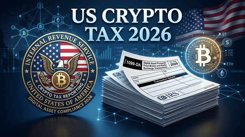 US flag with Bitcoin logo and IRS tax forms editorial composition