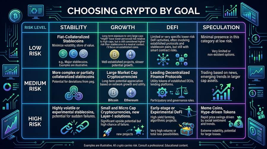Matching crypto picks to your goals (stability, growth, DeFi, speculation)