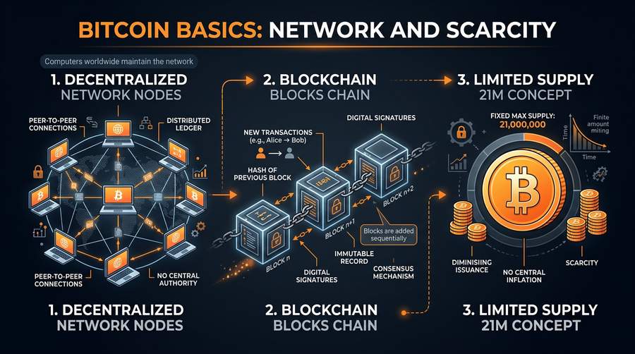 Bitcoin network, scarcity, and blocks: simplified mental model