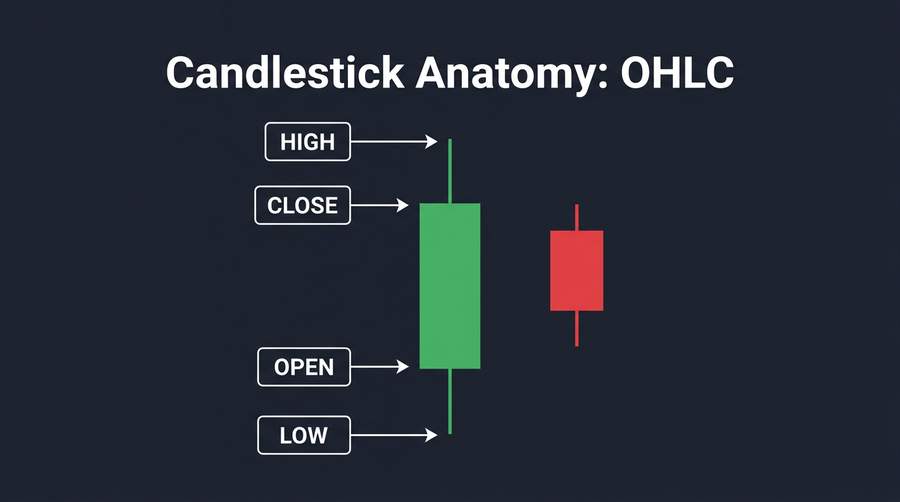 Candlestick anatomy: open, high, low, and close for one period
