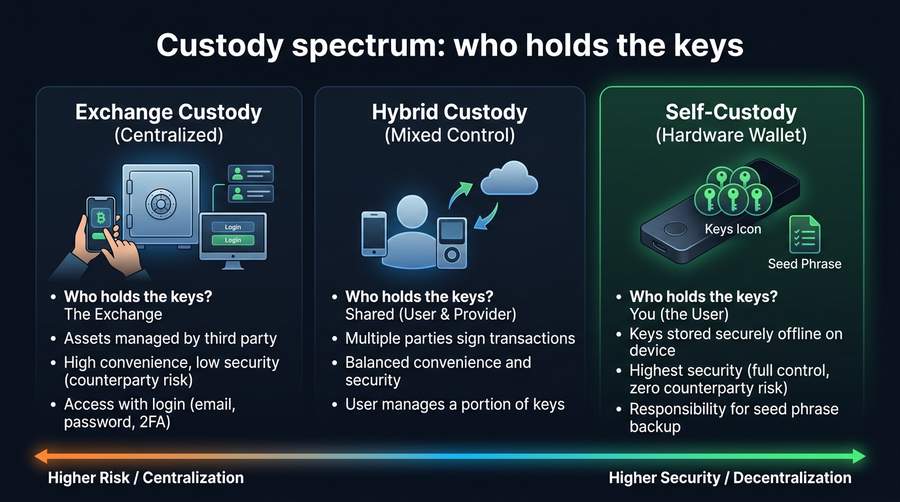 Custody spectrum: exchange vs software hot wallet vs hardware self-custody