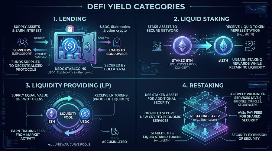 Overview of the four main DeFi yield categories: lending, liquid staking, liquidity provision, and restaking