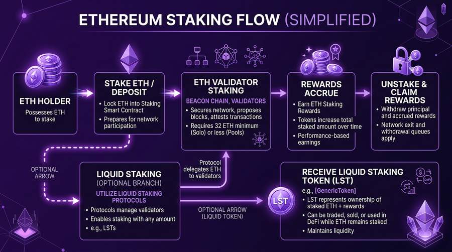 ETH staking: validators, rewards, and liquid staking (simplified)