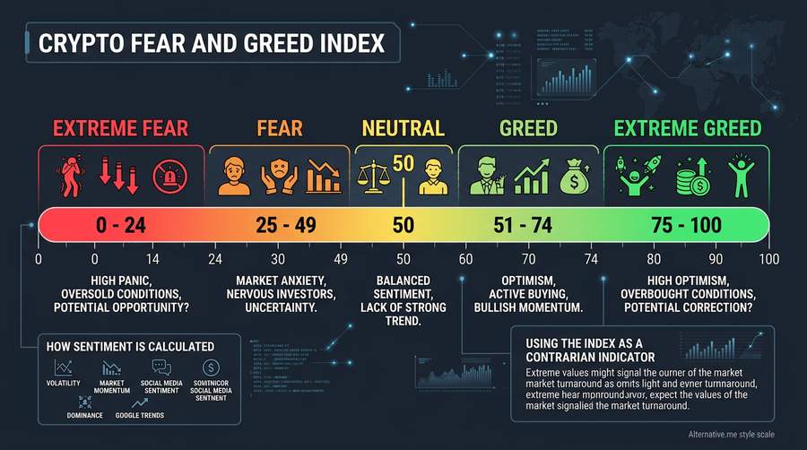 Fear and Greed Index scale from 0 (Extreme Fear) to 100 (Extreme Greed) with five sentiment zones