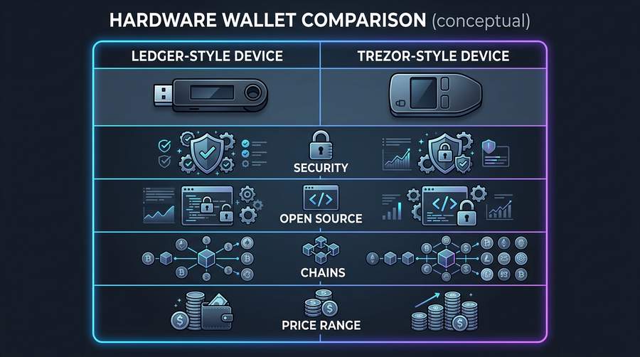 Conceptual comparison: mainstream hardware wallets (generic devices, not to scale)