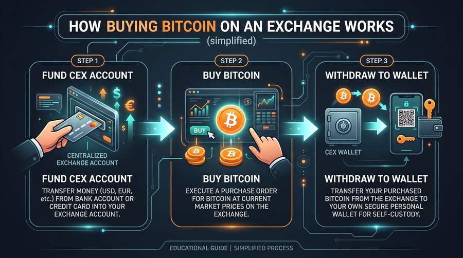 Typical flow: fund exchange → buy BTC → withdraw to your wallet
