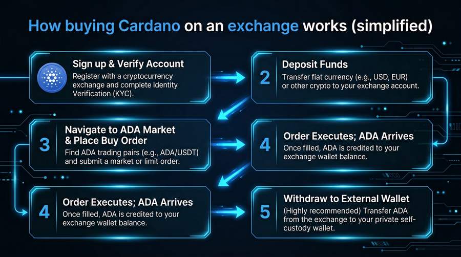 Typical flow: fund exchange → buy ADA → withdraw to a Cardano wallet
