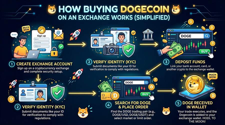 Typical flow: fund exchange → buy DOGE → move to a wallet you control