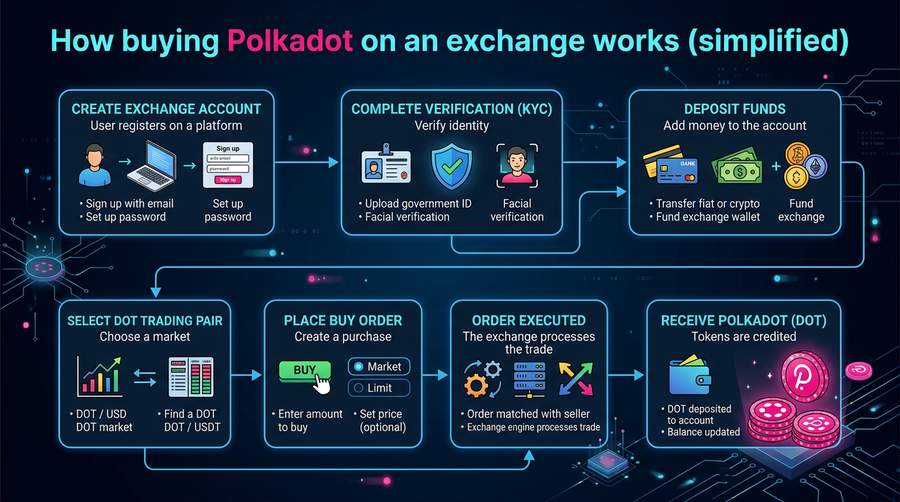 Typical flow: fund exchange → buy DOT → nominate or pool stake
