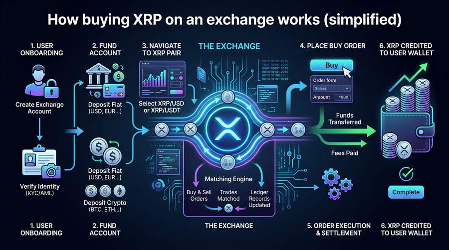 Typical flow: fund exchange → buy XRP → self-custody (mind the reserve)