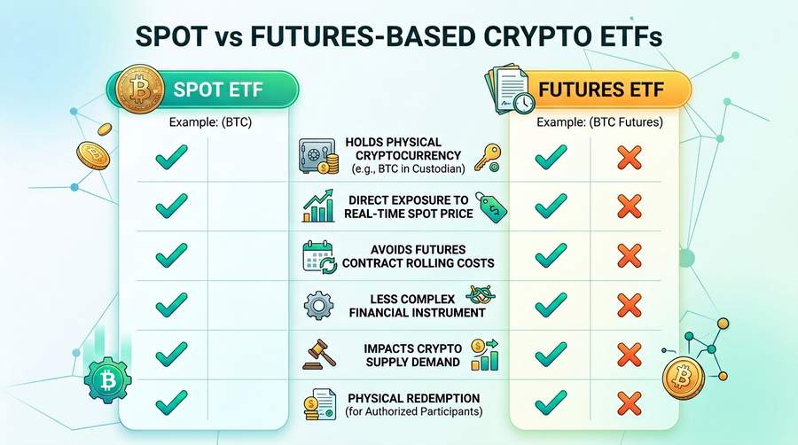 Spot ETFs hold the underlying asset; futures-based products track price differently
