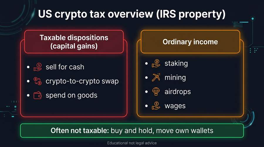 High-level overview of common US crypto tax categories (IRS treats crypto as property; not tax advice)