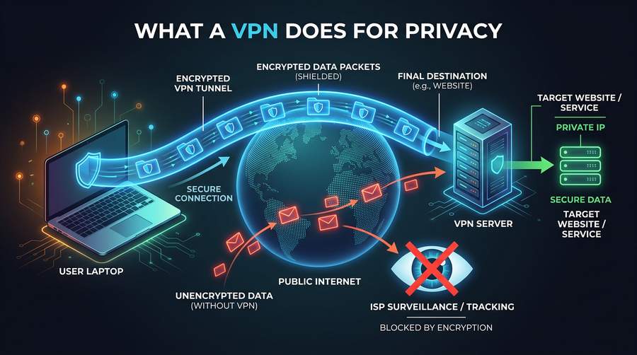 How a VPN encrypts traffic between your device and the internet (conceptual)