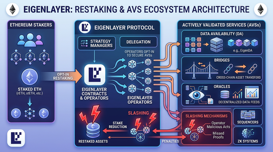 Staked ETH extends security to Actively Validated Services (AVSs) — extra yield, extra slashing surface.