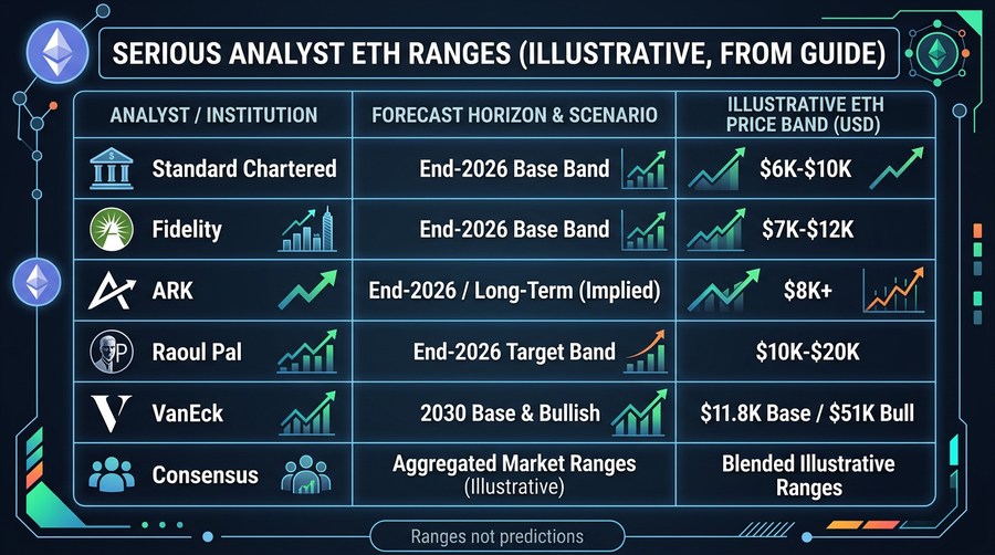 Serious analyst ETH forecast bands visualized (names and ranges from the table above; illustrative, not a single forecast)