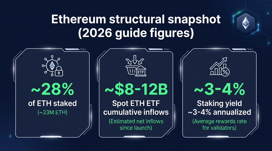 Structural snapshot referenced in this guide: staking share, ETF inflows band, and staking yield (illustrative figures from the text)